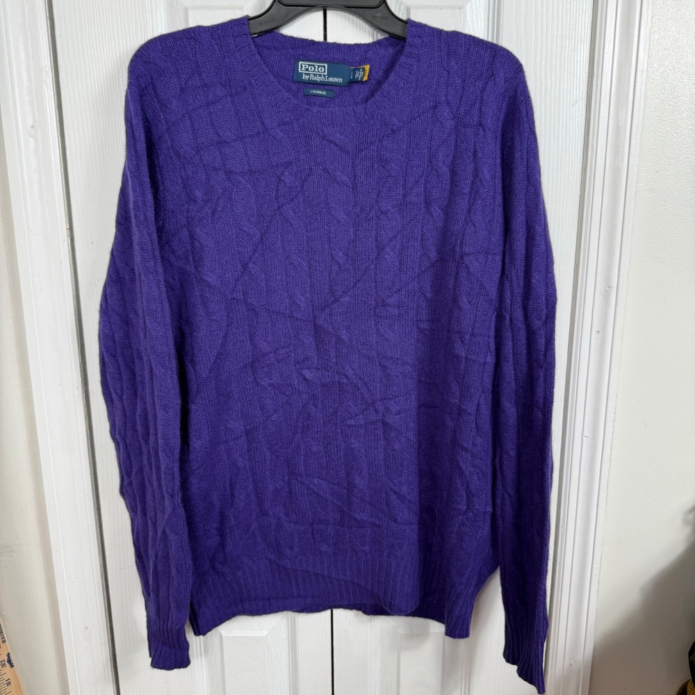 Polo Ralph Lauren Cashmere Sweater Large Purple Cable Knit Luxury Prep Aesthetic